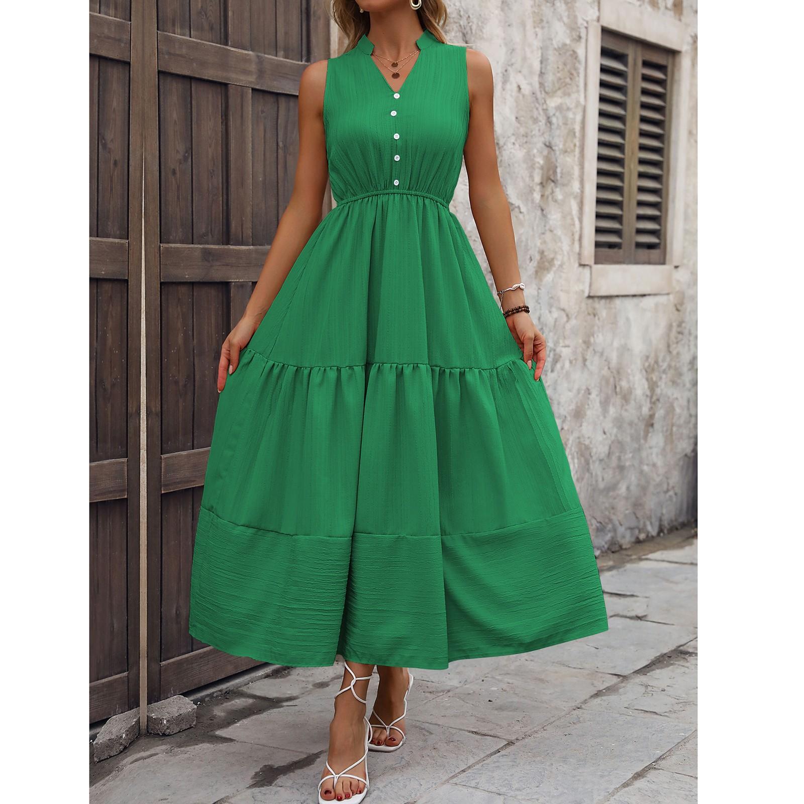 Women s Casual And Fashionable Color V-Neck Button Sleeveless Long Dress Long Dress M