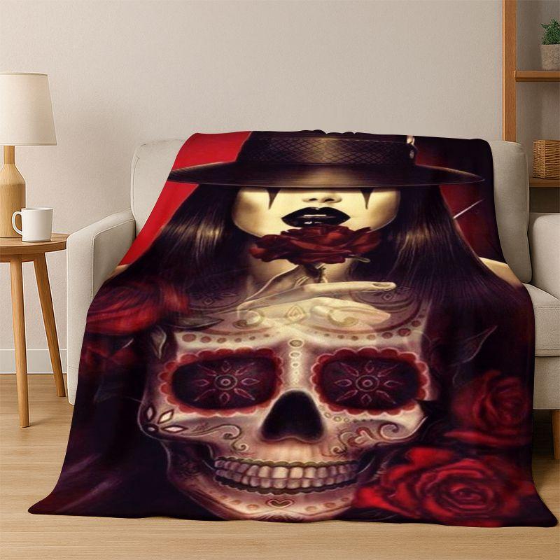 Gothic Skull Dead Girl Cartoon Horror Flannel Blanket Soft Warm Throw Blanket for Bedroom Living Room Bed Travel Camping Picnic