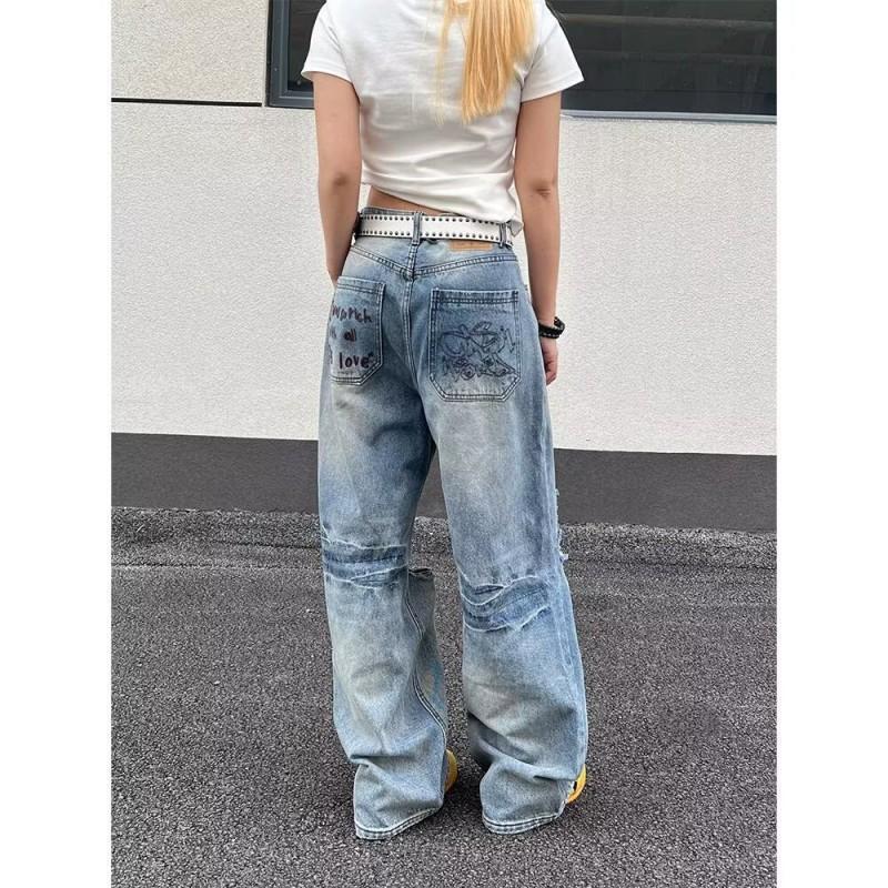 Womens High Waist Distressed Washed Denim Jeans Loose Straight Leg Wide Trousers Casual Vintage Style