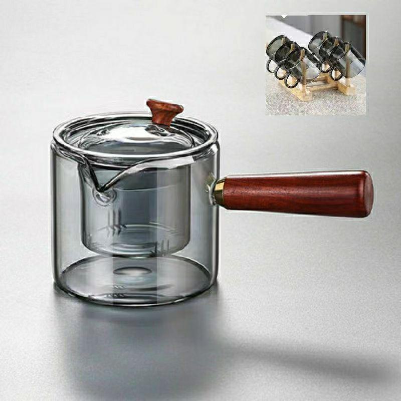 High-Temperature Resistant Borosilicate Glass Teapot with Red Sandalwood Side Handle for Electric Ceramic Stove Tea Making