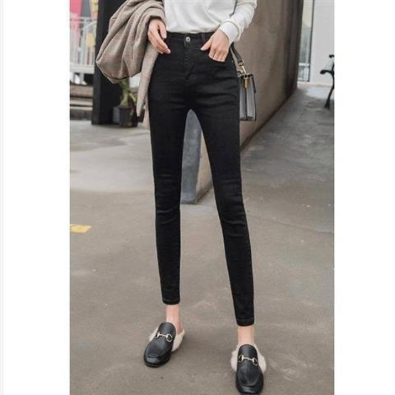 Winter velvet thickened high-waisted jeans women's black slim-fitting slim-fitting pants student elastic trousers