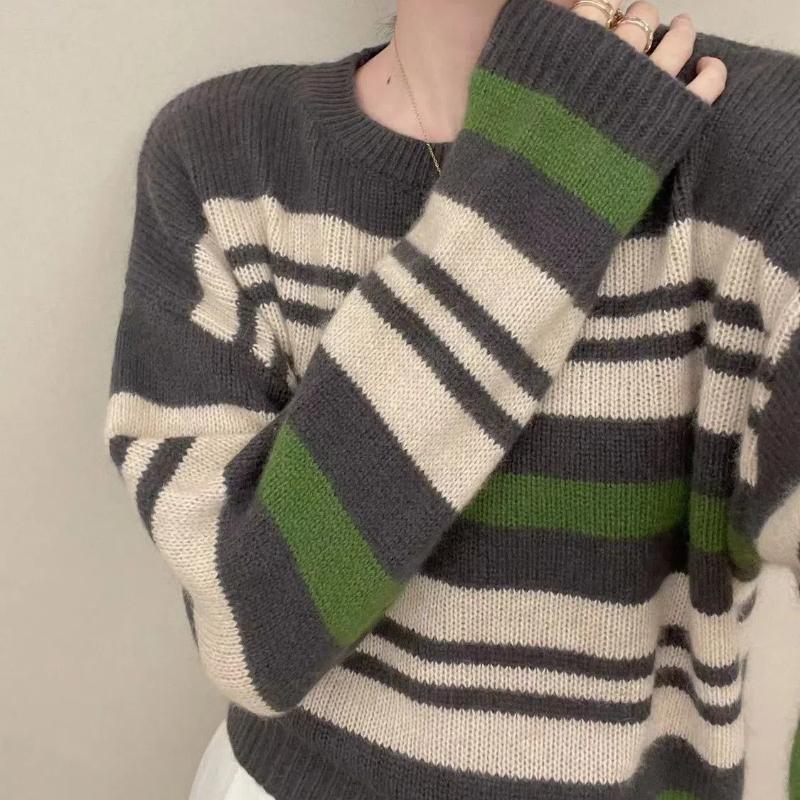 Koreanischer Herbst Neue Pullover Damen O-Ausschnitt Gestreift Kontrastfarbe Mode Lässig Locker Langarm Stricktops