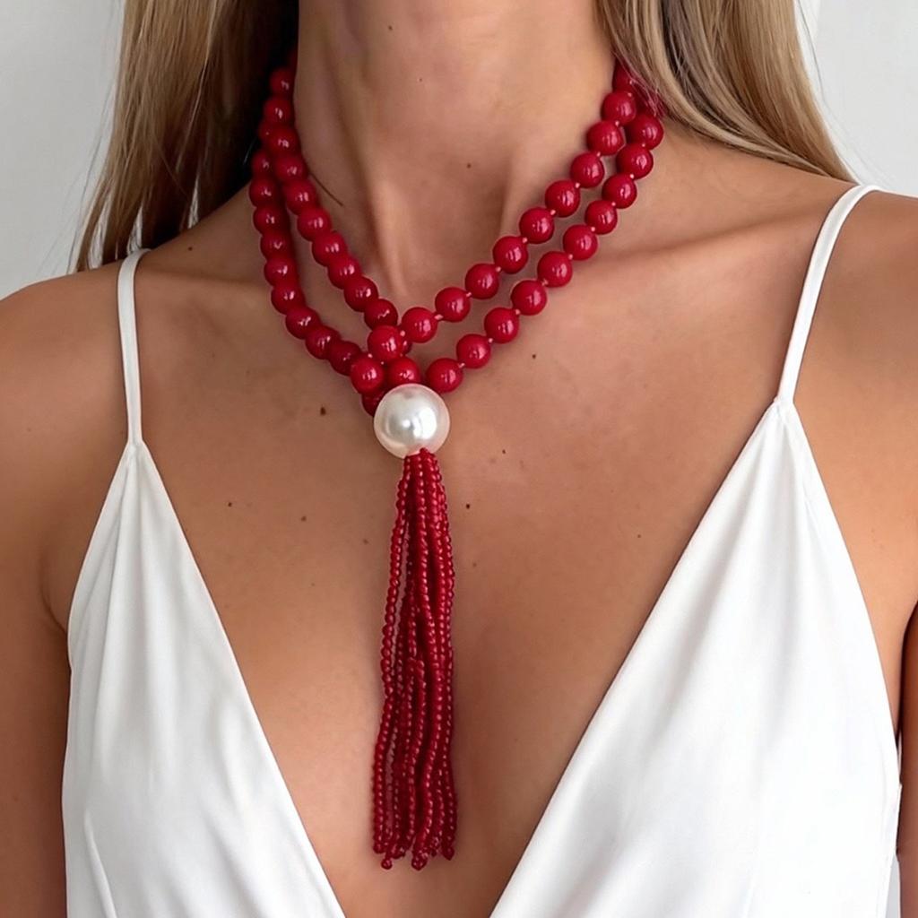 Fashion Acrylic Beads Stacked Necklace, Temperament Large Pearl Rice Beads Fringed Collarbone Necklace