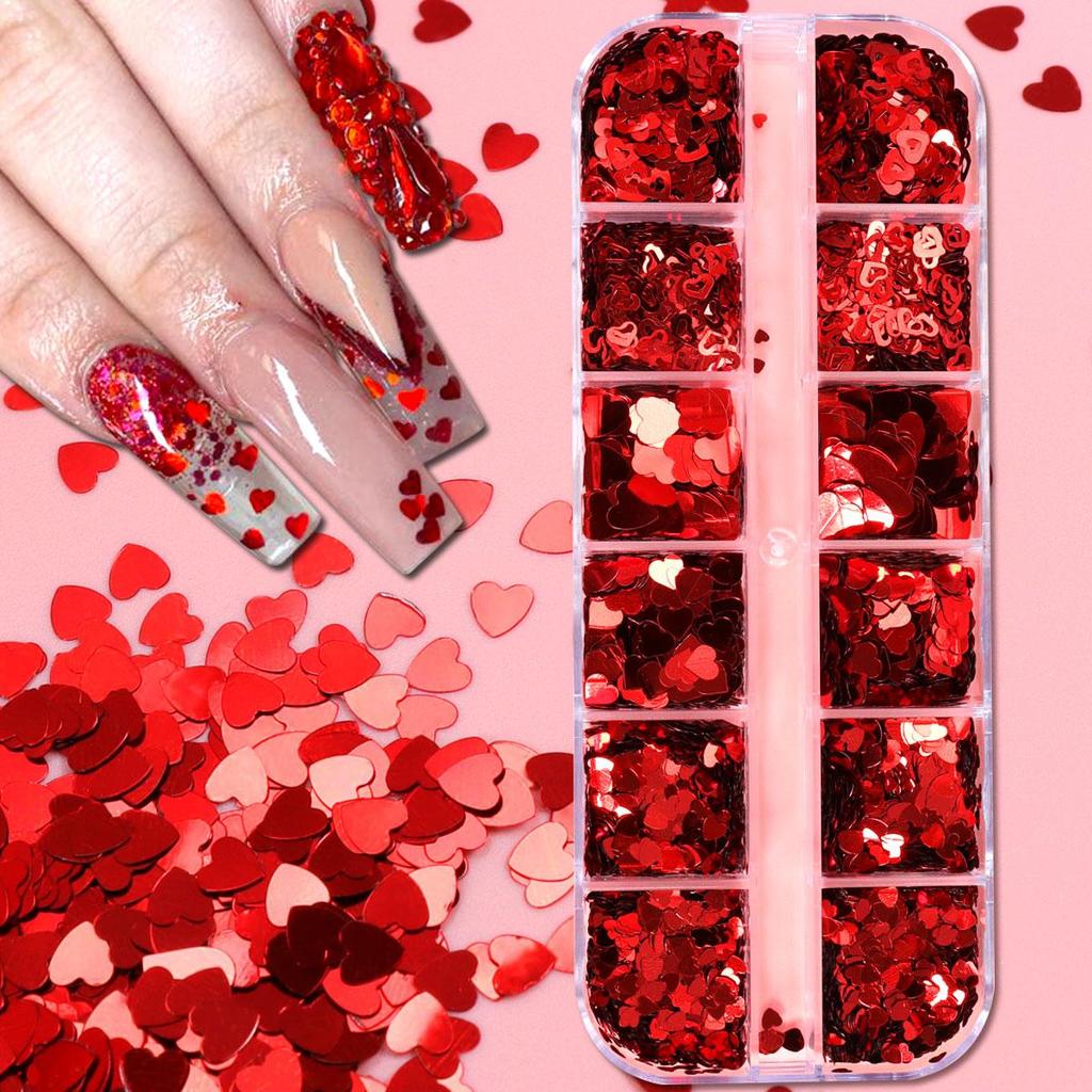 12 Gitter Valentinsrot Liebesherz Pailletten Nailart Flocken Kreuze Dekoration für Gel-Maniküre Zubehör Nagelstylist Zubehör