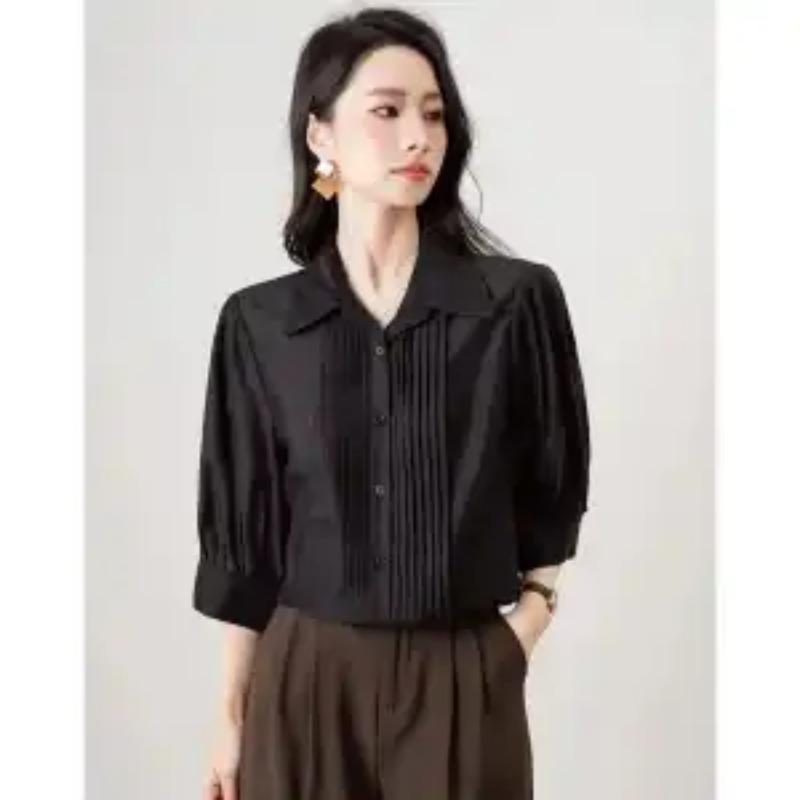 

Women s Khaki Pleated Blouse Half Puff Sleeve Polo Neck Button Down Casual Top M