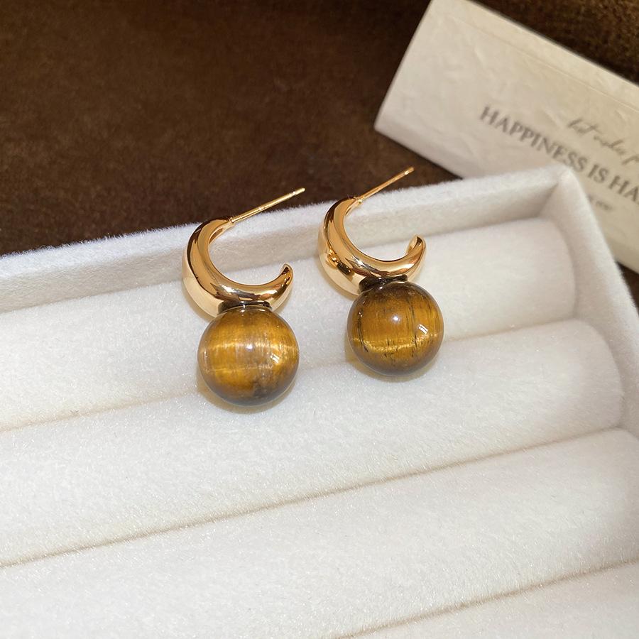 18k real gold electroplated silver needle tiger's eye stone pendant earrings retro Maillard earrings light luxury earrings women