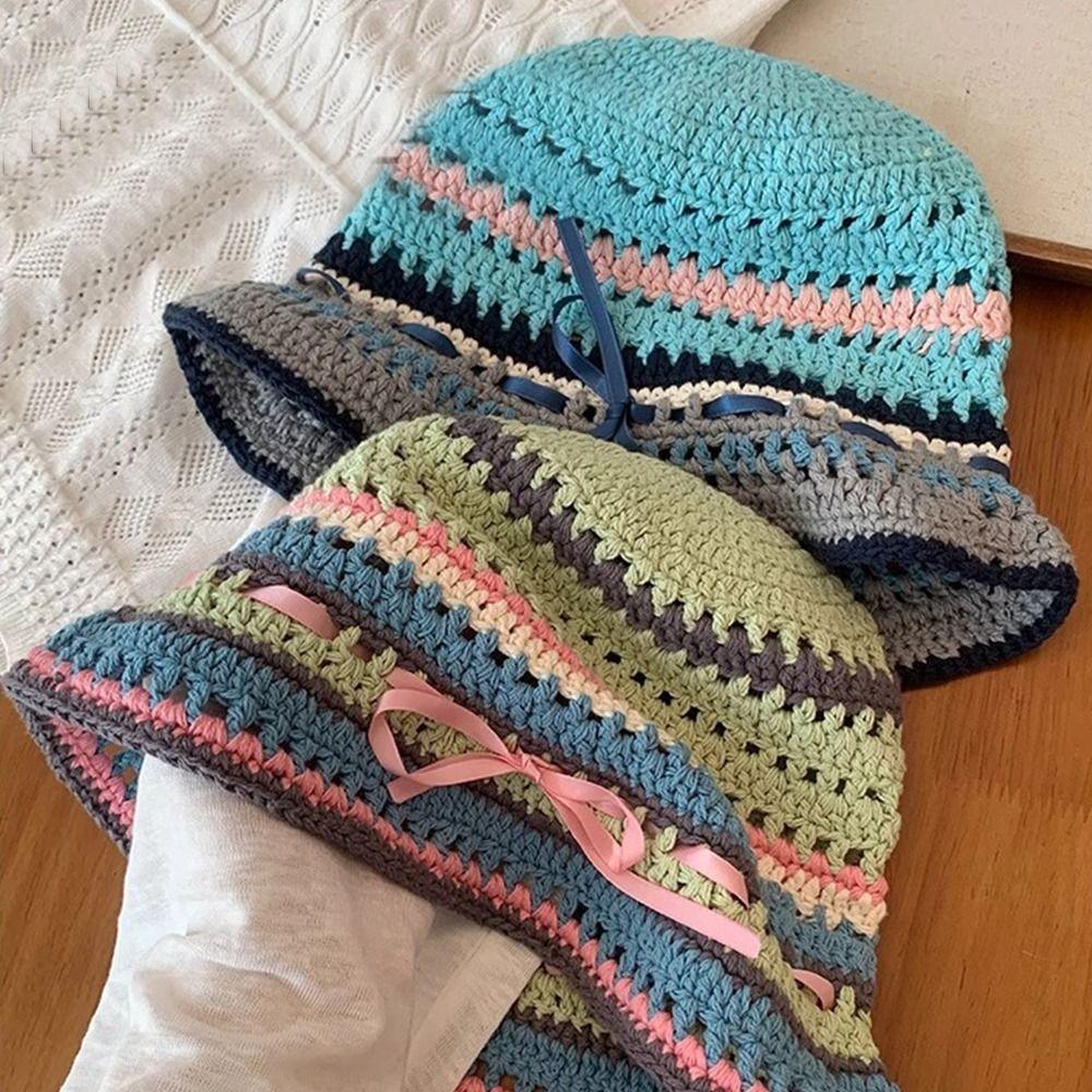 Handmade Knitted Bucket Hats Bow Ribbon Weave Hats Ins Hollow Basin Cap  Streetwear