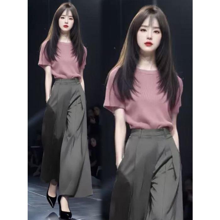 2026 Summer New Commuter Suit Women's T-Shirt Skinny Short Sleeve Top Wide Leg West Pants Temperament Two-piece Suit T
