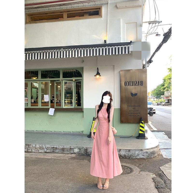 French neck sleeveless pink suspender dress women's summer new seaside vacation beach dress backless long skirt