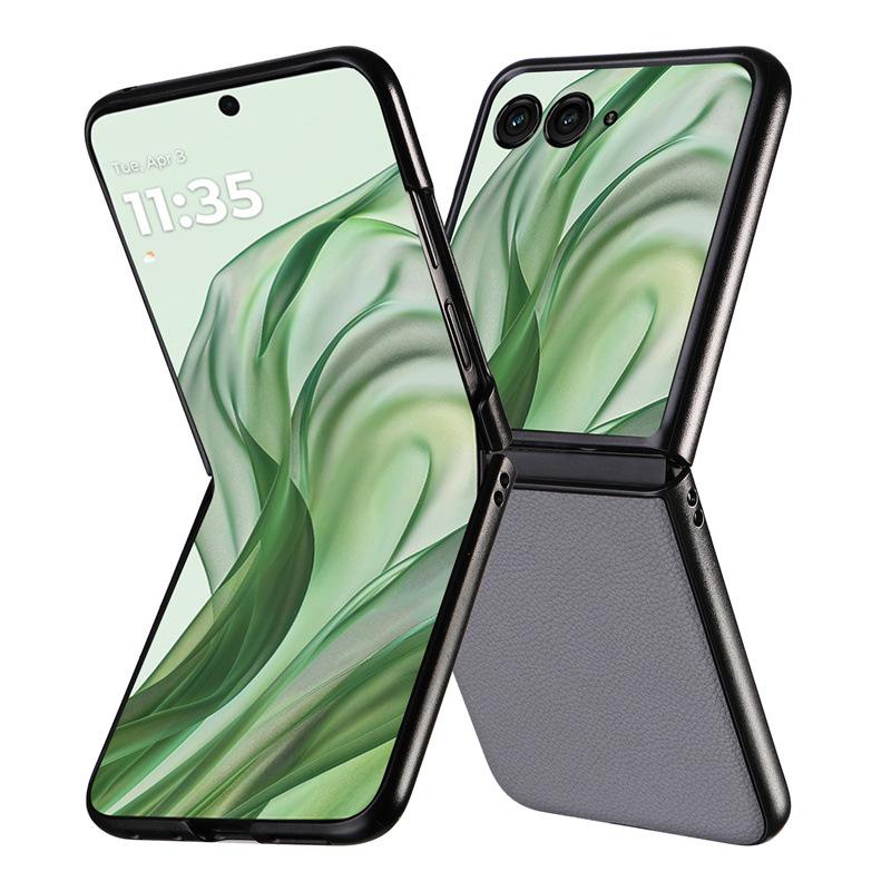 

Чехол для телефона Motorola Razr 50 / Razr 50 Ultra с кожаной накладкой и узором личи, противоударный защитный чехол-бампер Motorola Razr 50 Ultra серый