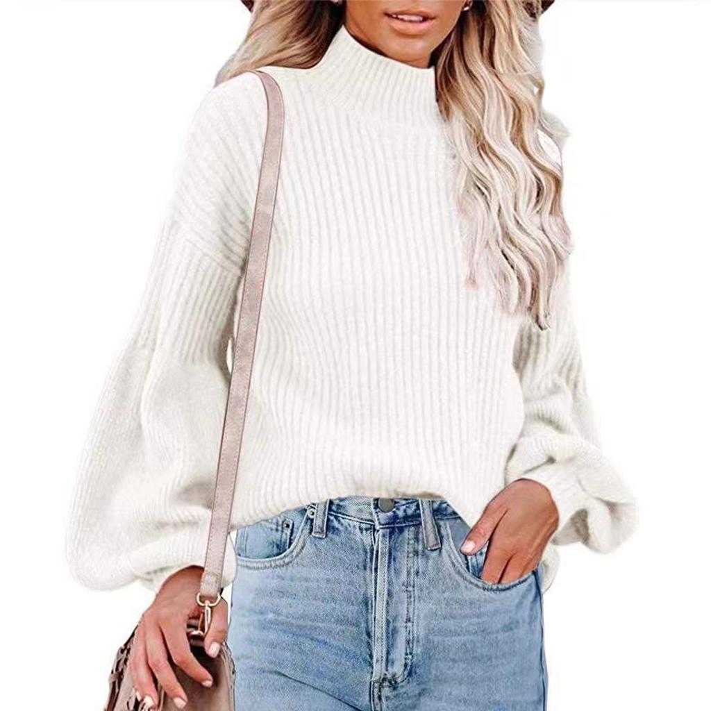 Dames effen kleur hoge kraag lange mouw pullover blouse gebreide trui