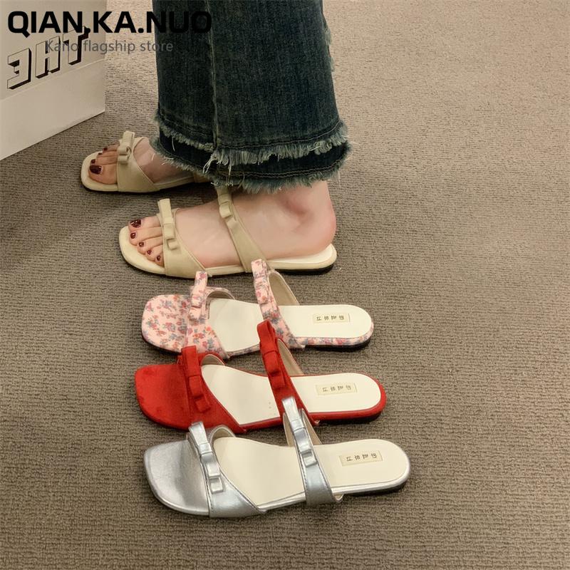 Fashion Shoes Womens Slippers Outdoor Shale Female Beach Slides Pantofle Butterfly-Knot Square heel Sabot 2025 Block Soft Concise Retro