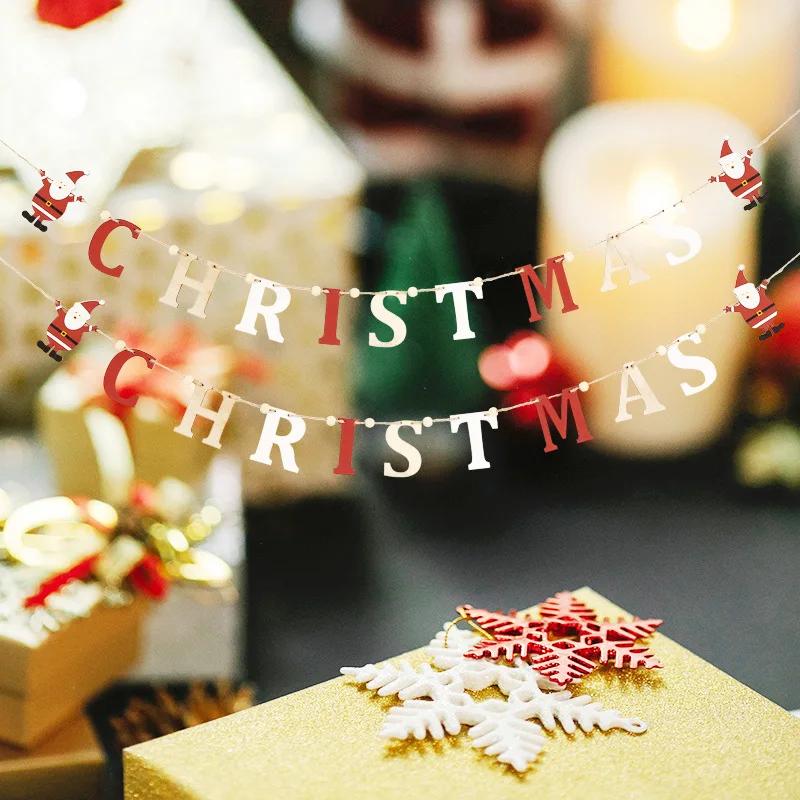 Merry Christmas Banner Reusable Wooden DIY Letter Flag Christmas Party Gift Banner Christmas Themed Banner Merry Decoration