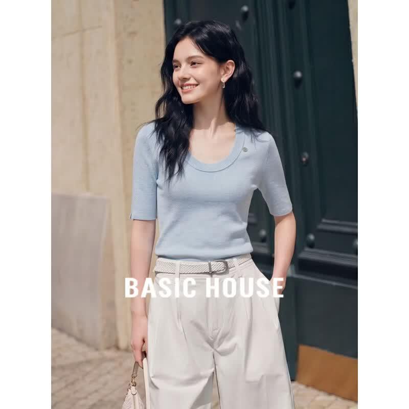 Basic House Women s Silk Blend U-neck Short Sleeve Knit Top S