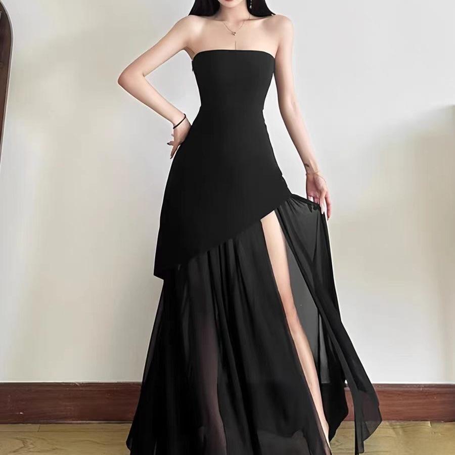 instunning European and American style temperament senior royal sister long dress banquet dress tube top mesh splicing pendulum dress