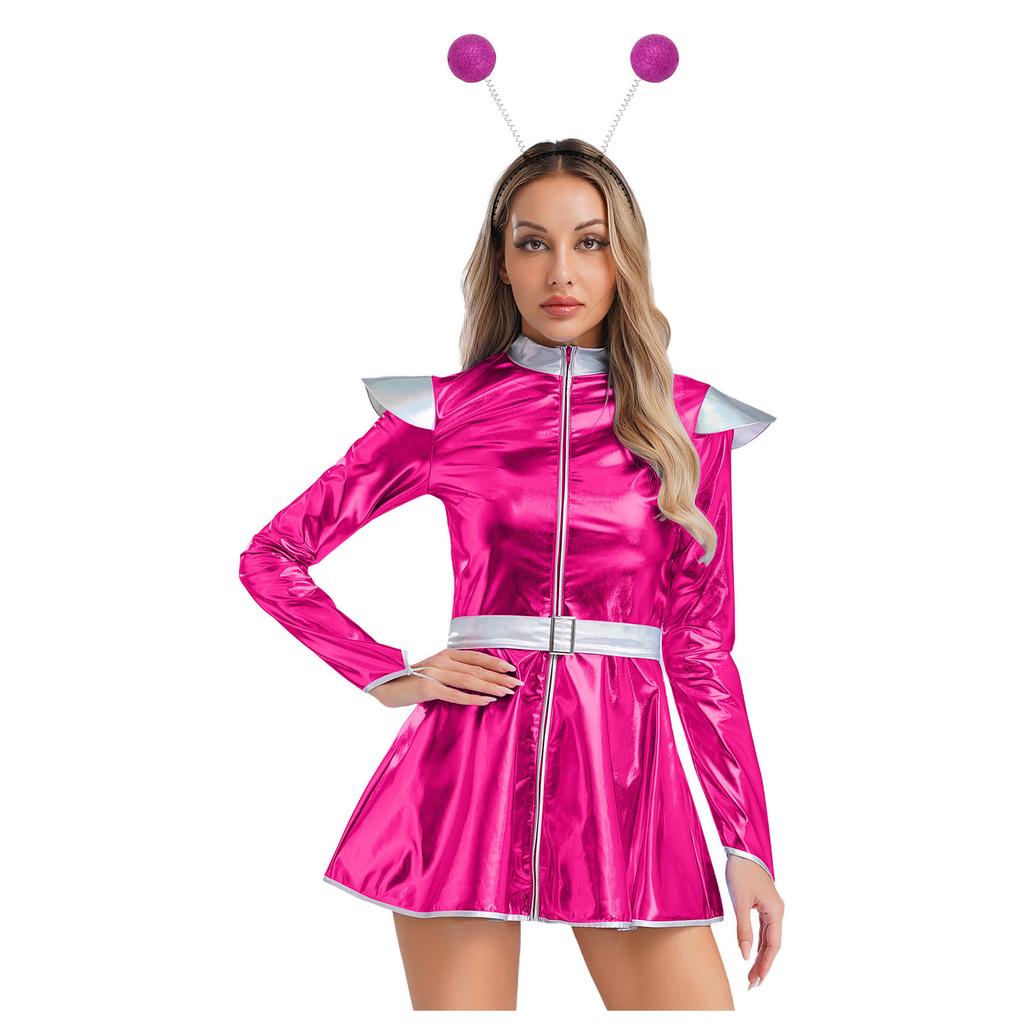 S-XXL Damen Rollenspiel Außerirdischenkleid: Halloween Astronauten Kostüm, Metallisch A-Linie mit Haarreif & Einfachem Frontreißverschluss