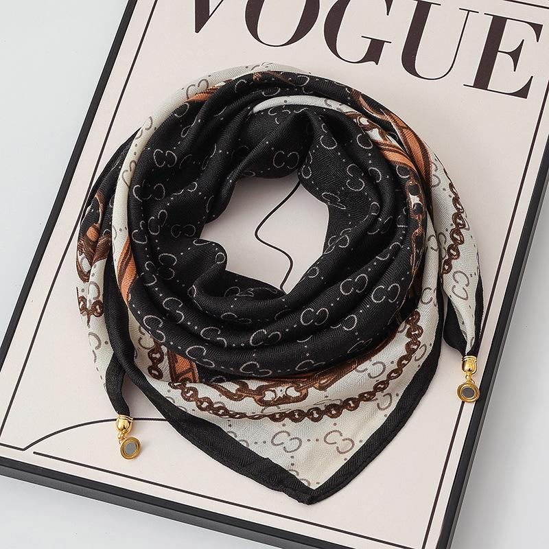 Women's 65" Silk Square Scarf with Magnetic Buckle – Autumn/Winter Print, Fashionable & Versatile Triangle Snood