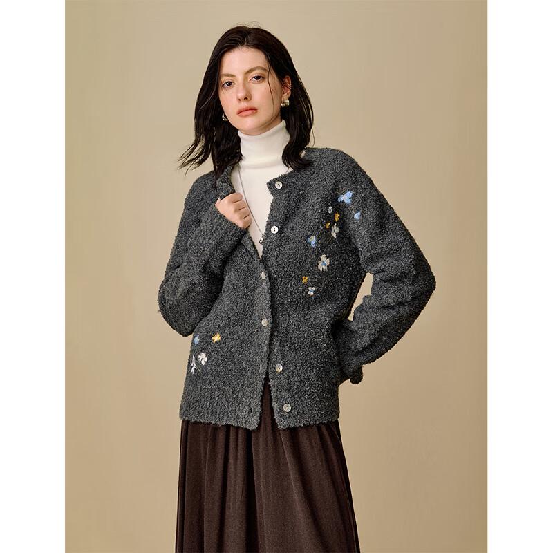 INMAN Women's Color-block Embroidered Wool Boucle Cardigan
