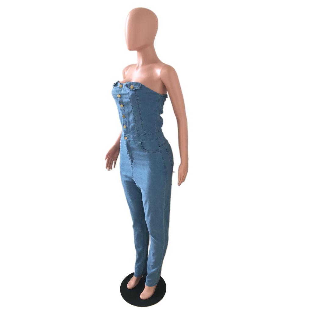 European American Strapless Slim Fit Denim Jumpsuit for Women