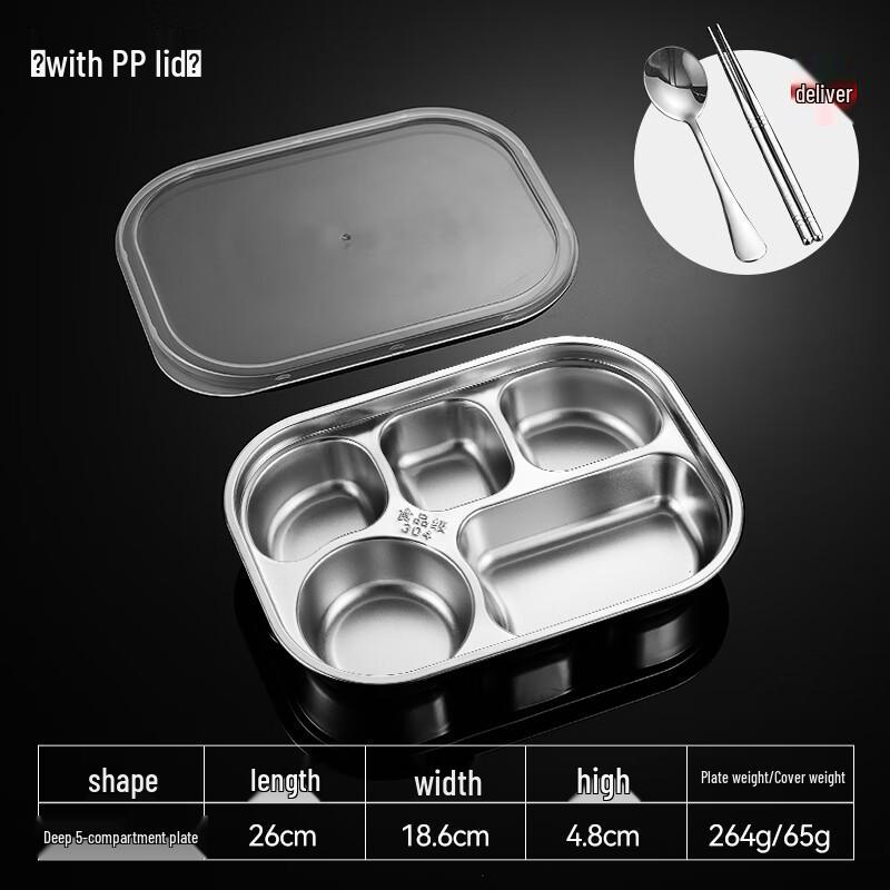 Food Grade 304 Stainless Steel 5-Compartment Lunch Tray with PP Lid