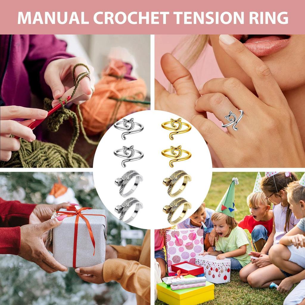Cat Crochet Tension Ring 4/8cs/set Cat Knitting Tension Rings Adjustable Ring Knitting Crocheting Jewelry Ring with Yarn