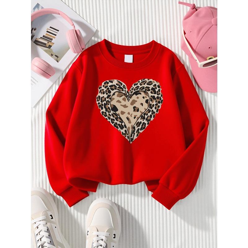 Girls' Leopard Print Heart Pattern Long-Sleeve Crewneck Sweatshirt | Casual, Slight Stretch, Regular Fit