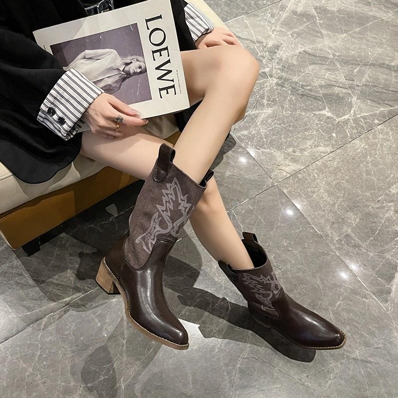 Coarse-heeled western boots women's autumn new with skirt retro pointed mid-boots high-heeled short boots
