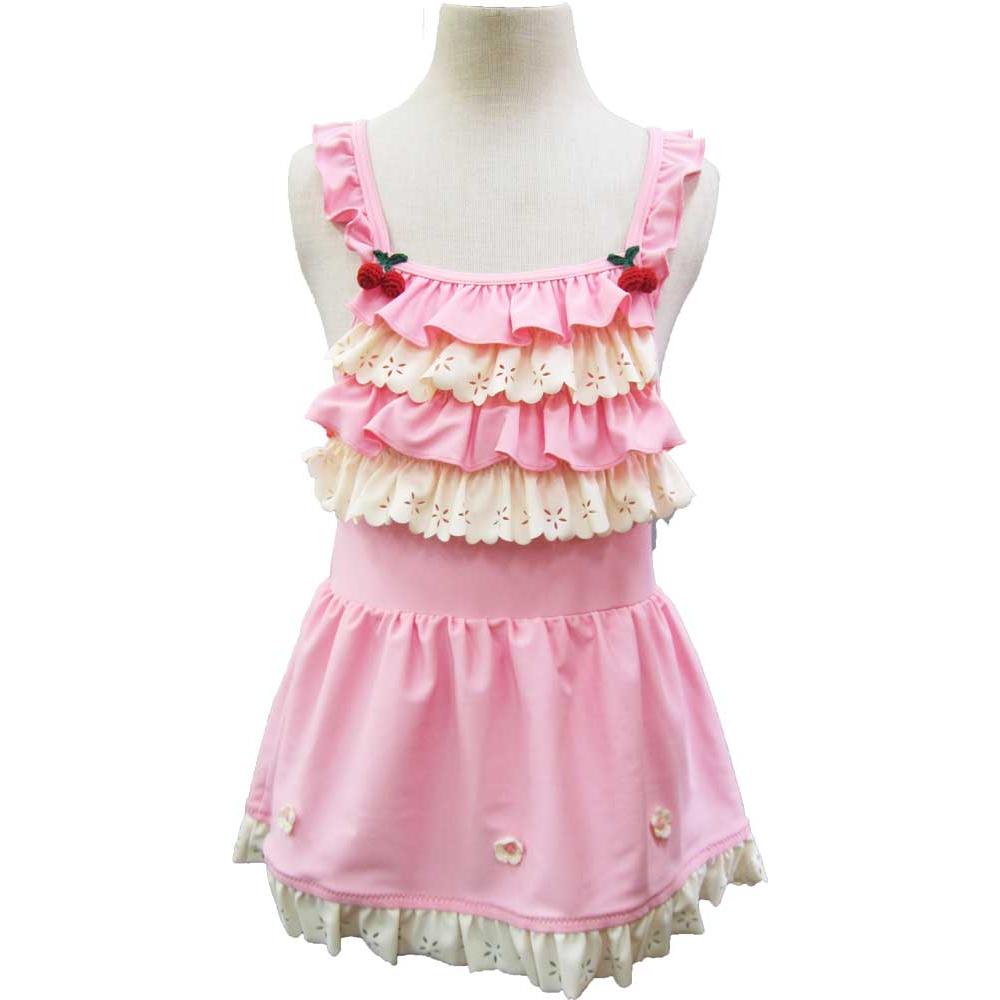 Kids Swimsuit Cute For Girls (Pink Punching Lace) One Piece with Ruffles Entrance to Kindergarten