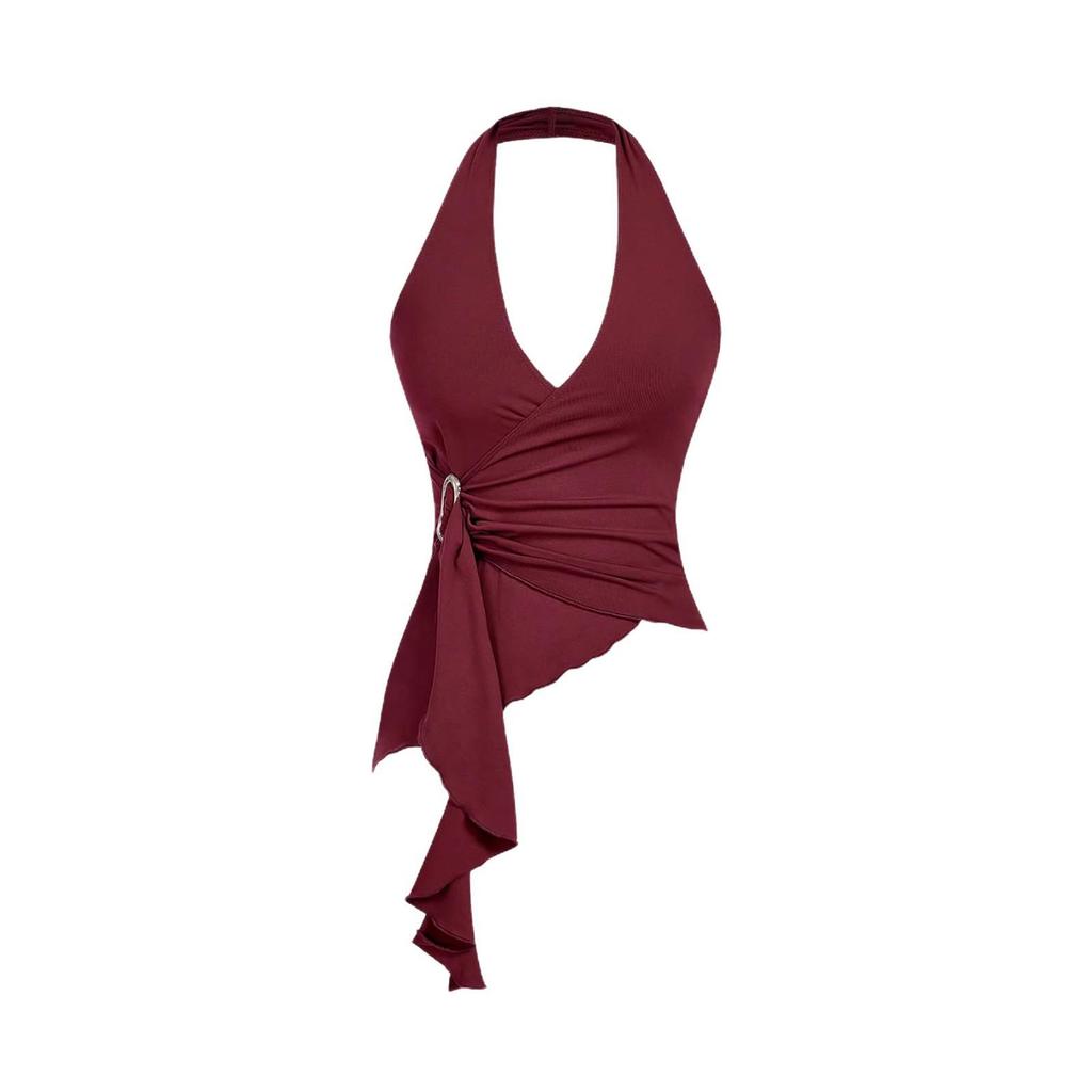 Halter Deep V Slim Fit Open Back Top with Metal Buckle for Women