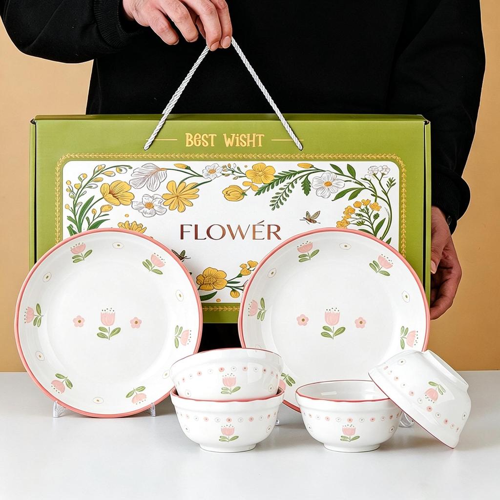Tulip Ceramic Tableware Set: Includes Bowl, Plate, and Spoon for Housewarming or Wedding Gift.