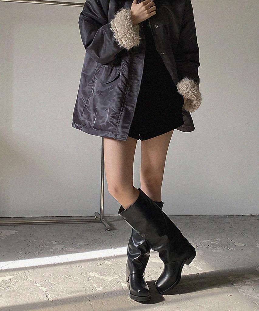 Moodnple Primrose Simple Basic Round Square Suede Long Boots 2 Colors 4Cm