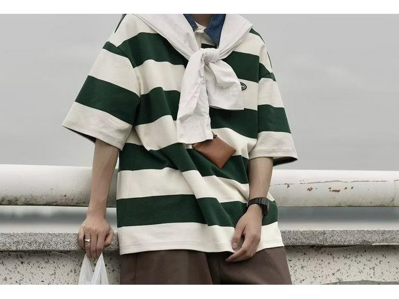 Koszulka polo w amerykańskim stylu retro w paski unisex – letni luźny krój, styl uniwersytecki, krótki rękaw dla modnych par