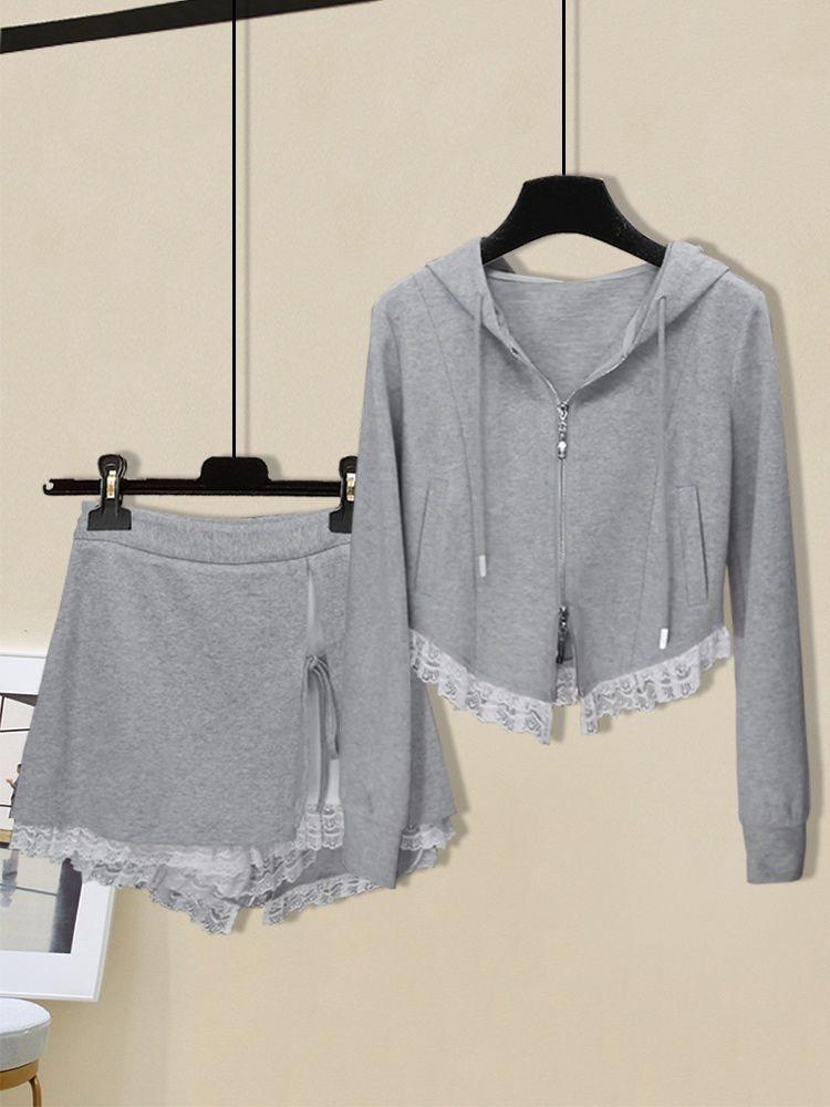 Lingerie Style Lace Hooded Sweatshirt And Midi Skirt Set For Casual Wear