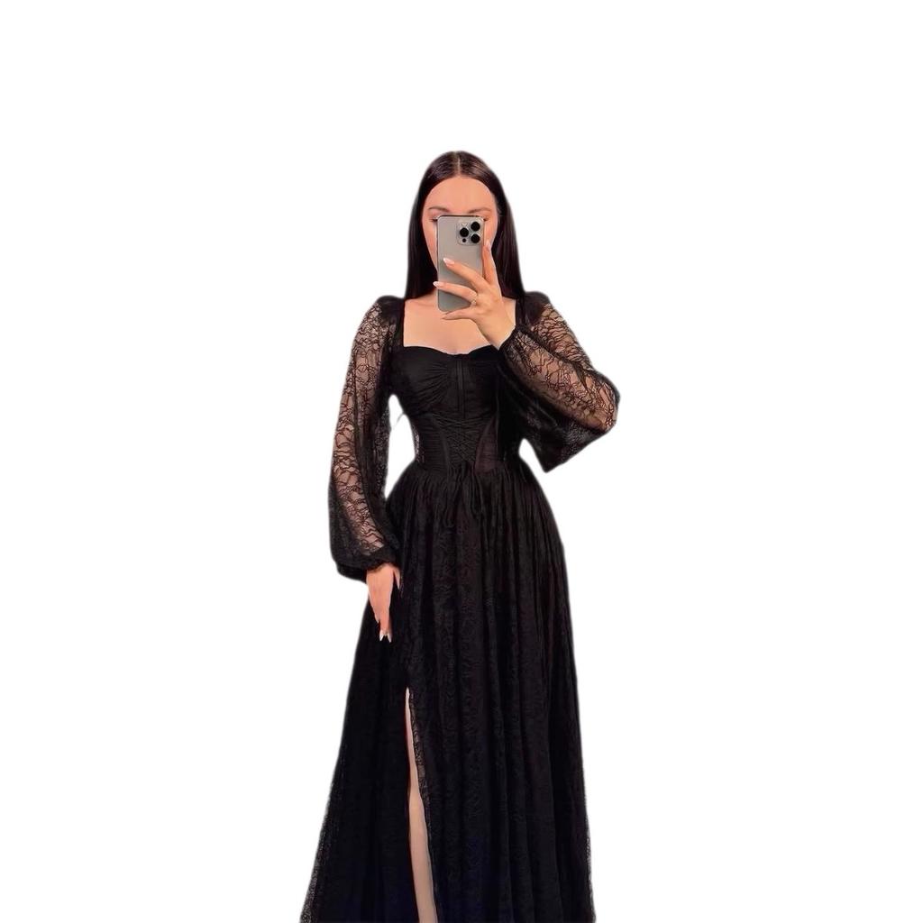 New Lace Waist Cinched Long Sleeve Maxi Dress, Elegant Evening Party Gown, European Style Long Dress for Women