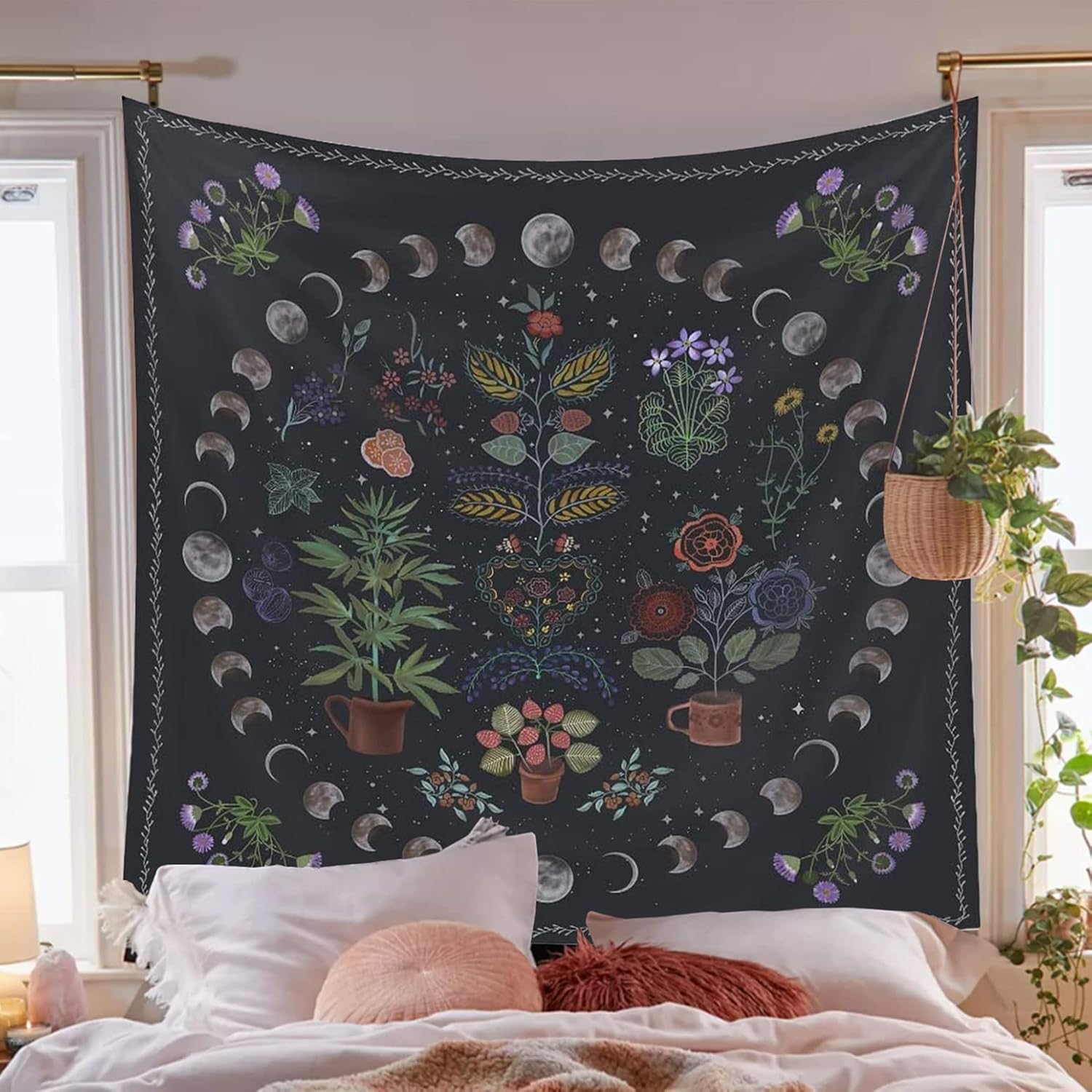 Simpkeely Botanical Moon Phase Tapestry, Nature Wall Hanging for Bedroom & Living Room (130cm x 150cm) 100X70CM