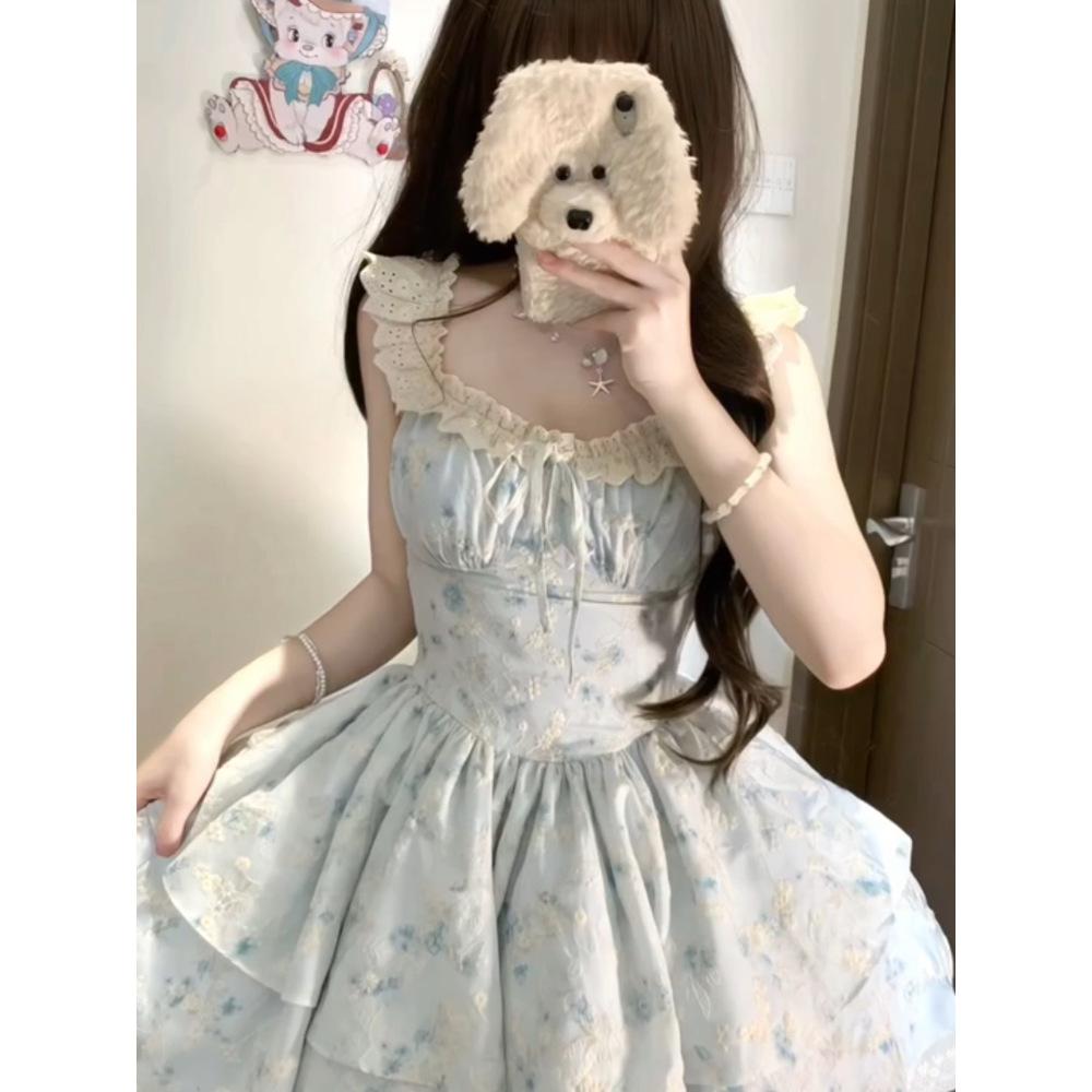 Sweet Spice Girl Xiaofei Sleeve Floral Dress Women's Summer Beautiful First Love High-end Princess Dress Waist Trouser Dress