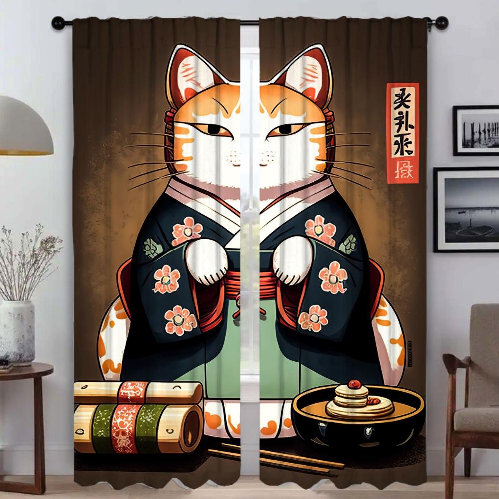 Sushi Cat Curtains for Bedroom Blackout Curtain for Room 2 Panel Shades Partition Halloween Decoration Home Interior Curtains