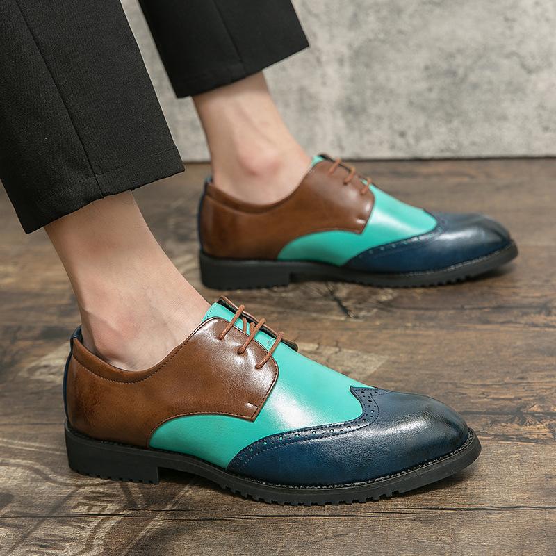 Men's leather shoes large size foreign trade new splicing color casual leather shoes fashion trend brock carved leather shoes