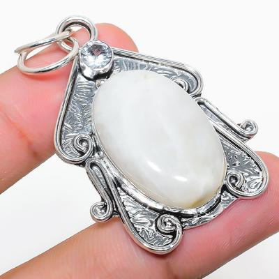 Natural Rainbow Moonstone, White Topaz 925 Sterling Silver Pendant 2.09" k9U52