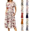 Women's Fashion Casual Loose Floral Print Round Neck Pocket Short Sleeve Dress