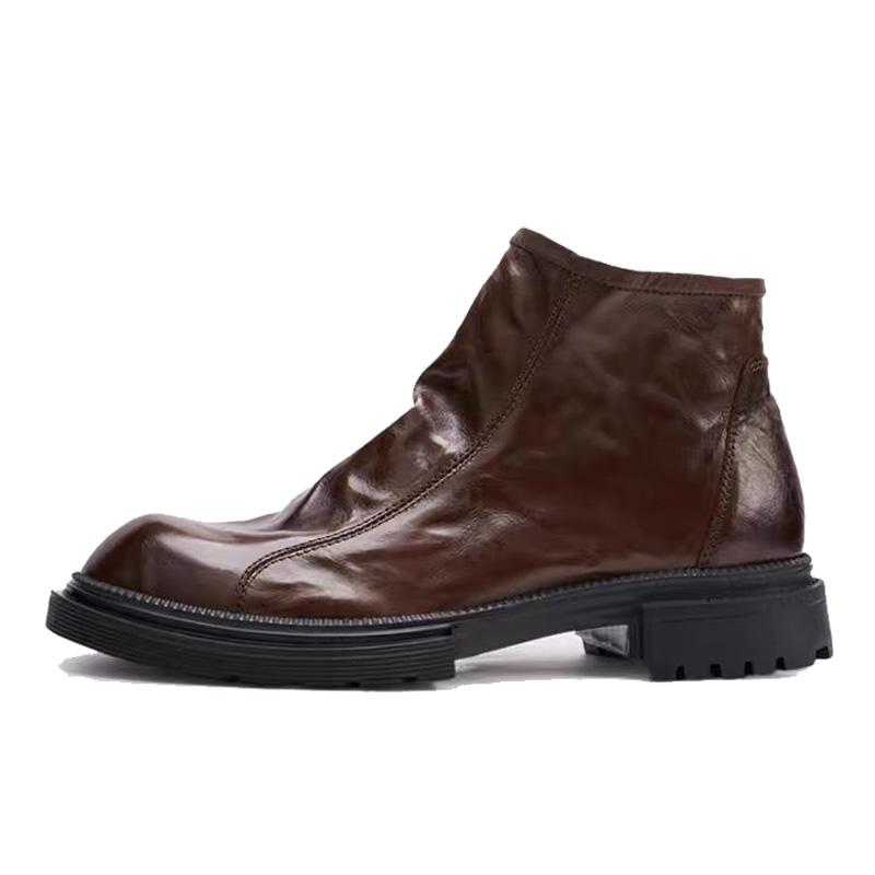 Thick Soled Men's Boots Side Zippers Leather Boots Men's Chelsea Boots Trendy Luxury Handmade Black Leather High-Top Men's Shoes