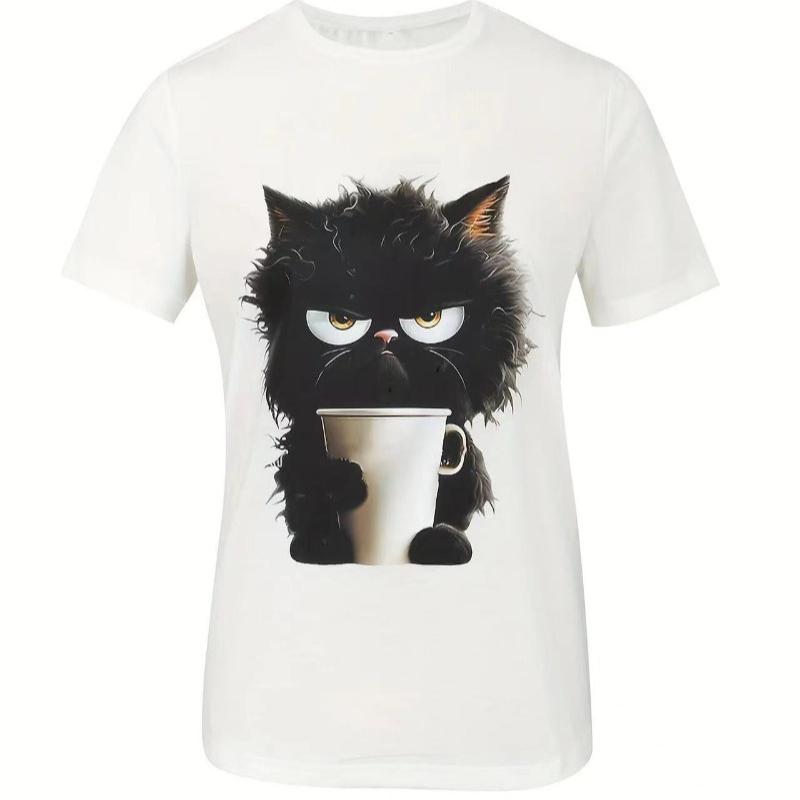 Oversized Funny Cat Women Summer White Print T-shirt Girl Casual Short Sleeve O Neck Top For Summer Female Animal Clothing