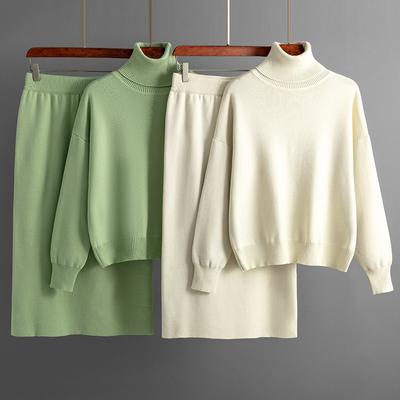 Herbst Winter Lazy Wind Loose Rollkragenpullover Pullover Anzug Damen Einfarbig Langarm Strick Mittellanger Rock Zweiteiliges Set