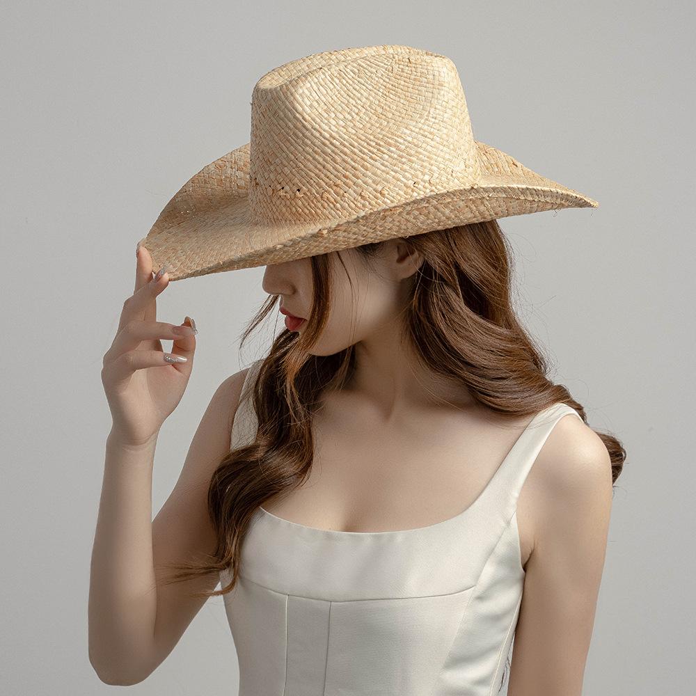 Unisex Summer Sun Hats Natural Straw Hats Hollow Hand-woven Raffia Cowboy Hat Two Sizes Available