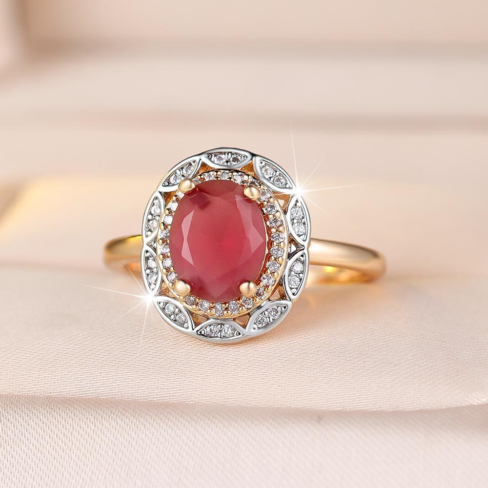Delicate Oval Rose Red Zircon Rings for Women Vintage Luxury Gold Color Wedding Party Jewelry Gift