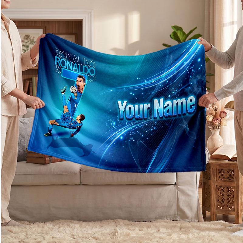 Couverture polaire personnalisée Cristiano Ronaldo avec logo de football, texte de nom personnalisé, couverture d'appoint douce et chaude pour la maison
