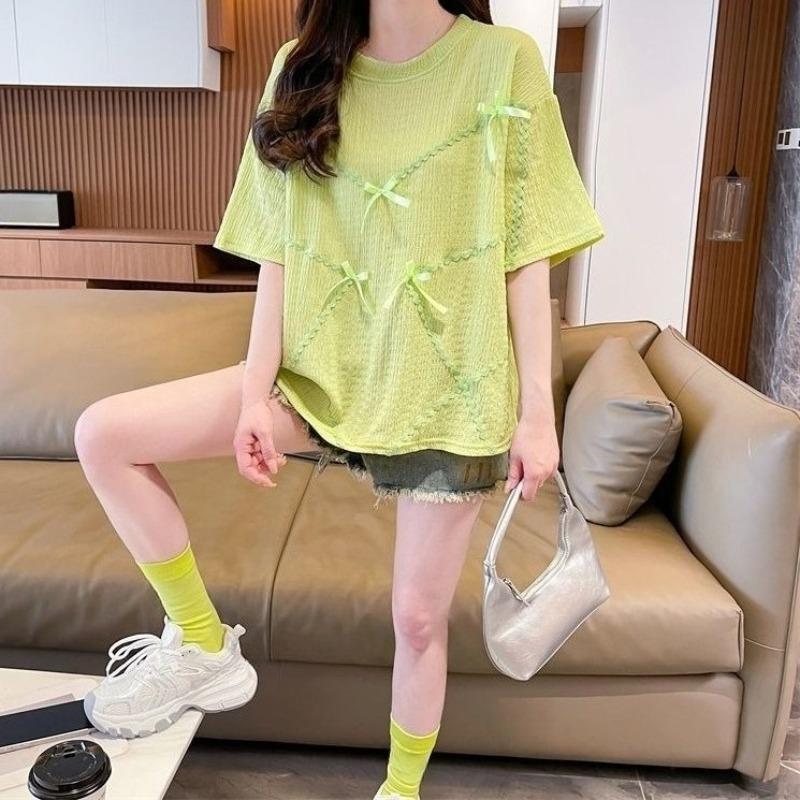 Women's Bow Decoration Design T-shirt Female Round Neck Short Sleeved Blouse Summer New Korean Sweet Loose Versatile Top