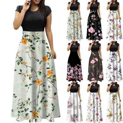 Women's Fashion Casual Loose Printed Round Neck Short Sleeve Long Dresses