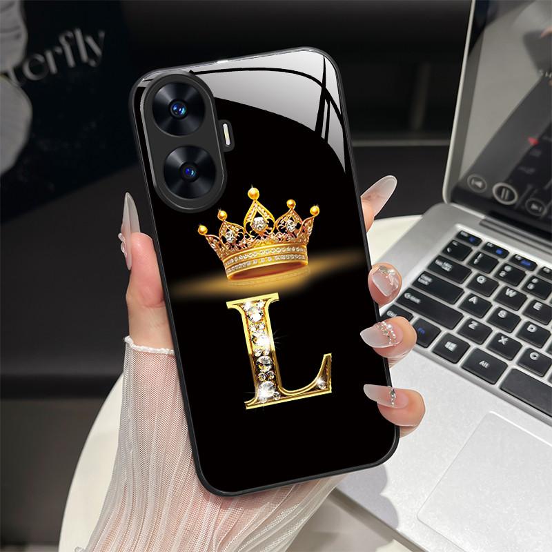 For Realme C55 4G Case Fashion Letters Hard Tempered Glass Back Covers For Realme Narzo N55 NarzoN55 C55 RMX3710 Phone Shell