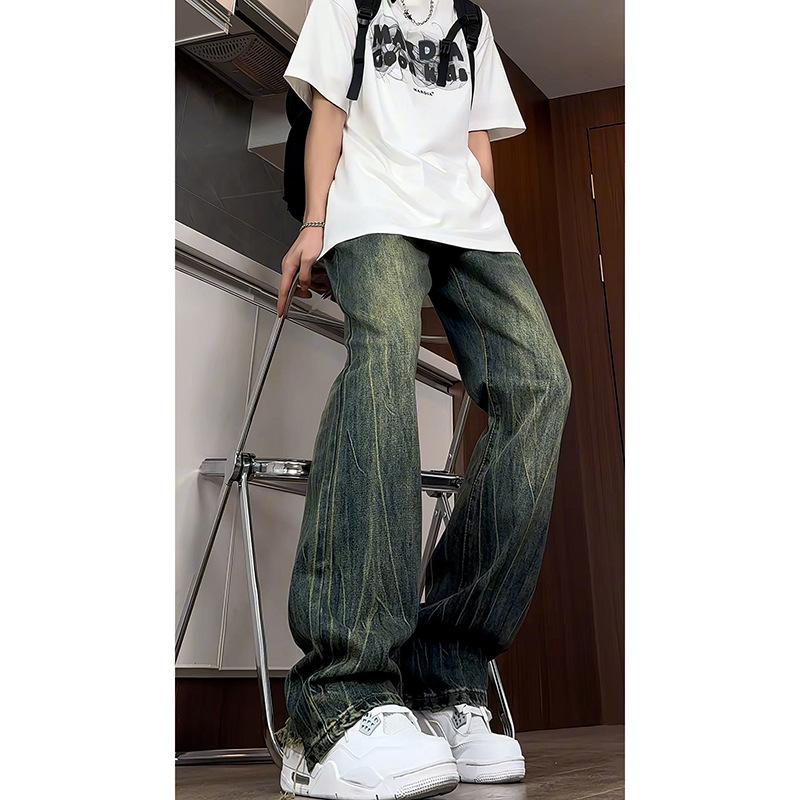 The new lightning pattern jeans men's straight tube slightly pulled water wash gradual change old boyfriend style design sense loose wide legs